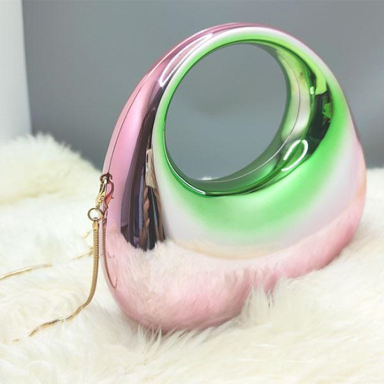 Acrylic Evening Clutch Top Handle Moon Hobo Bag, Glossy Metallic Tote Bag Pink gradient green