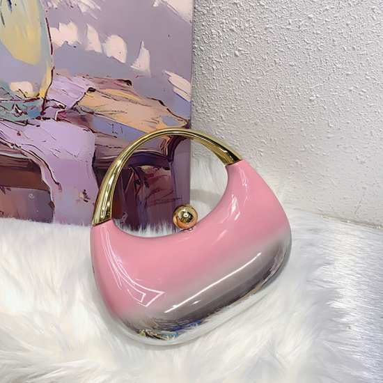 Acrylic Evening Clutch Top Handle Moon Hobo Bag, Glossy Metallic Tote Bag Pink gradient silver