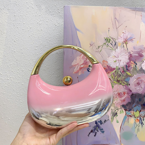 Acrylic Evening Clutch Top Handle Moon Hobo Bag, Glossy Metallic Tote Bag Pink gradient silver
