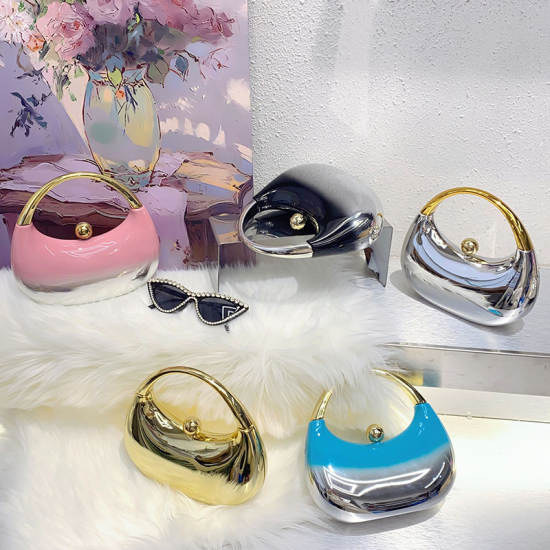 Acrylic Evening Clutch Top Handle Moon Hobo Bag, Glossy Metallic Tote Bag Pink gradient silver
