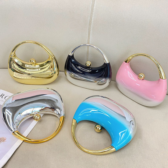Acrylic Evening Clutch Top Handle Moon Hobo Bag, Glossy Metallic Tote Bag Pink gradient silver