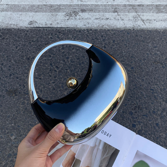 Acrylic Evening Clutch Top Handle Moon Hobo Bag, Glossy Metallic Tote Bag Black