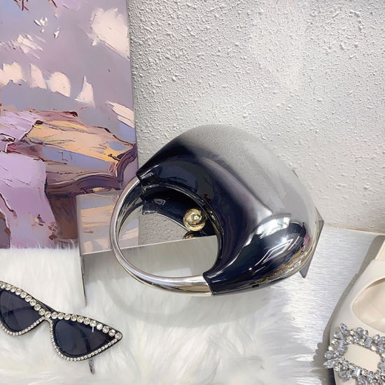 Acrylic Evening Clutch Top Handle Moon Hobo Bag, Glossy Metallic Tote Bag Black