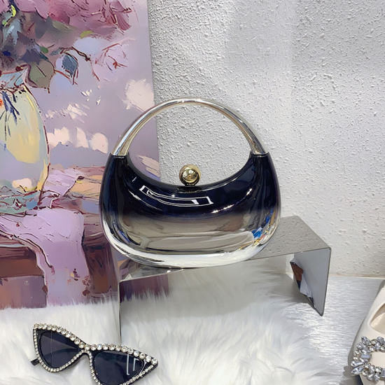 Acrylic Evening Clutch Top Handle Moon Hobo Bag, Glossy Metallic Tote Bag Black