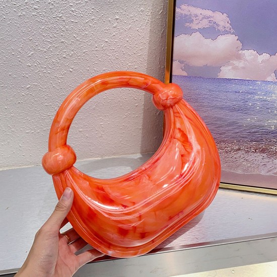 Acrylic Evening Clutch Purse Top-handle Moon Hobo Bag, Pillow Handbag Orange Red