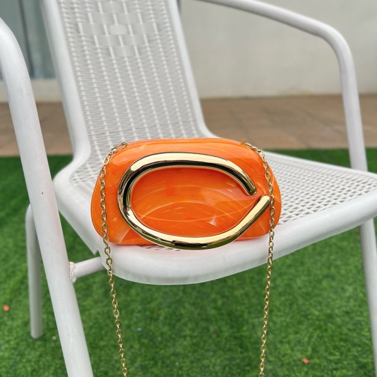 Acrylic Evening Clutch Purse Metal Hobo Bag, Square Handbag Orange